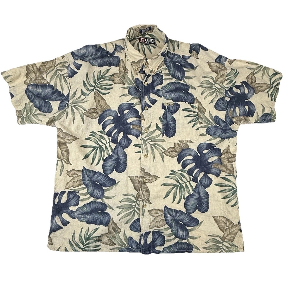 VTG Chaps Ralph Lauren Hawaiian Shirt Floral Tropical AOP Cotton Linen Men's XL